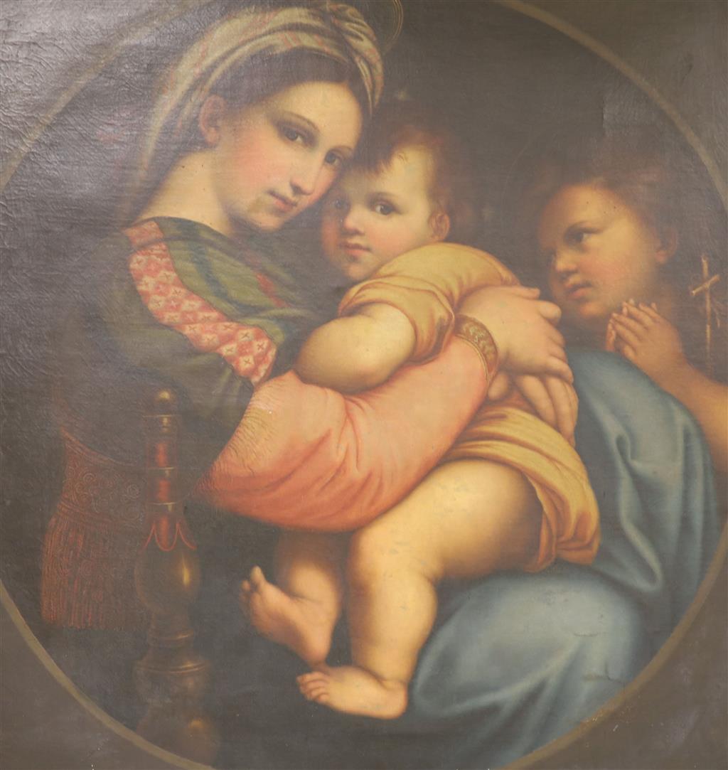 After Raphael, oil on canvas, Madonna della Seeggiola, 76 x 74cm